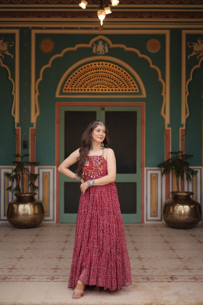 Maroon Georgette Bandhani Print Backless Dresses