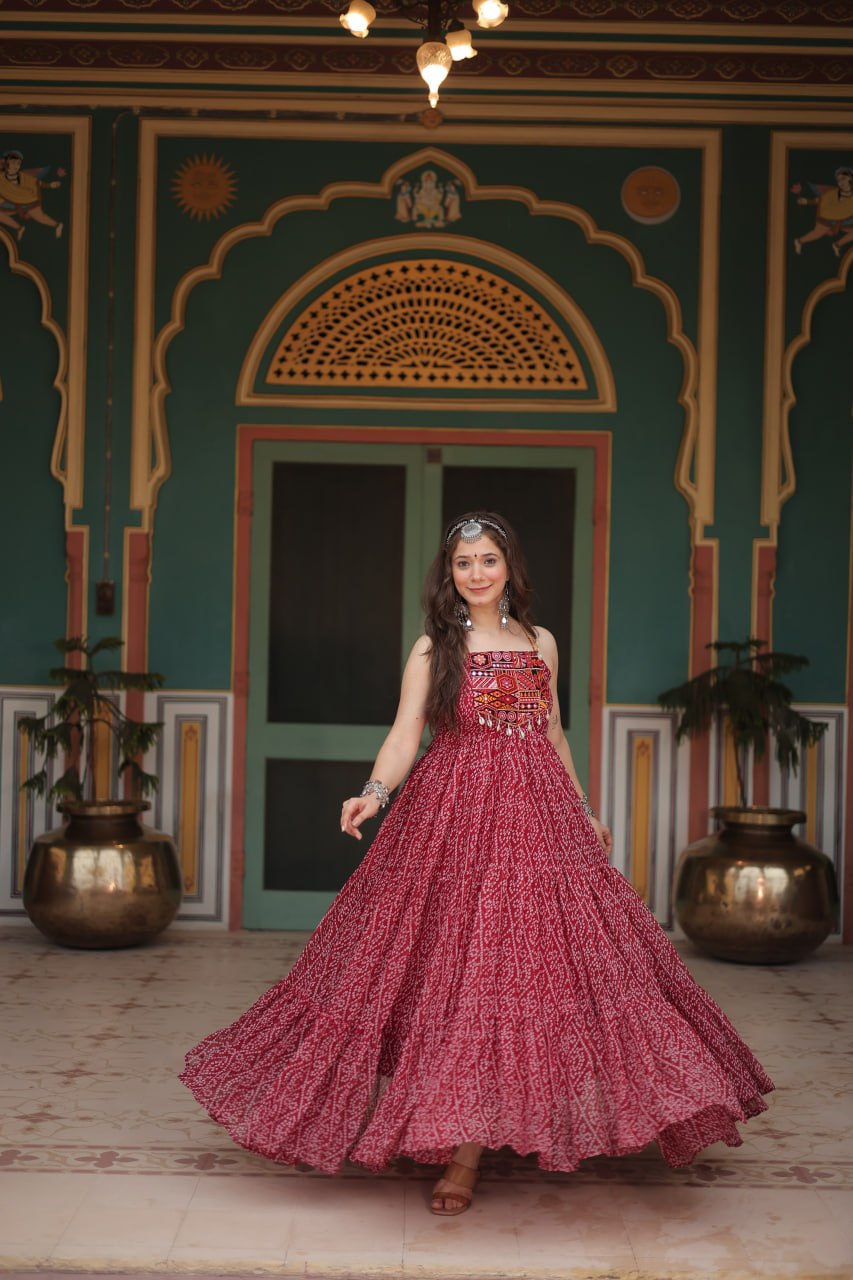 Maroon Georgette Bandhani Print Backless Dresses