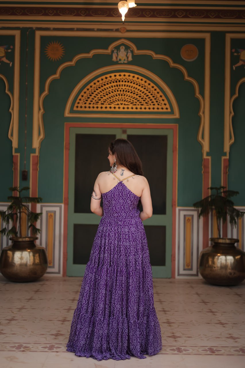 Purple Georgette Bandhani Print Backless Dresses