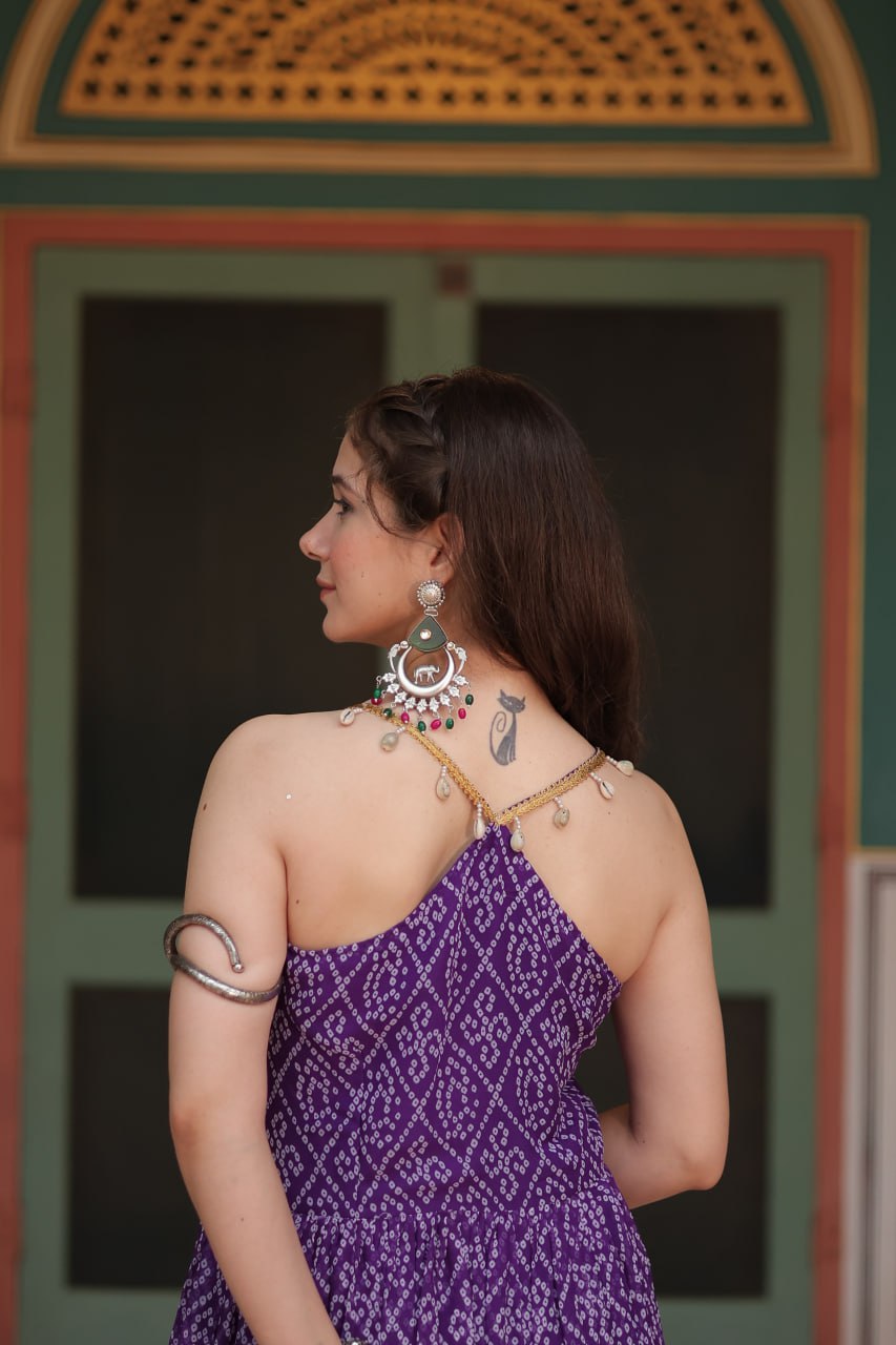 Purple Georgette Bandhani Print Backless Dresses