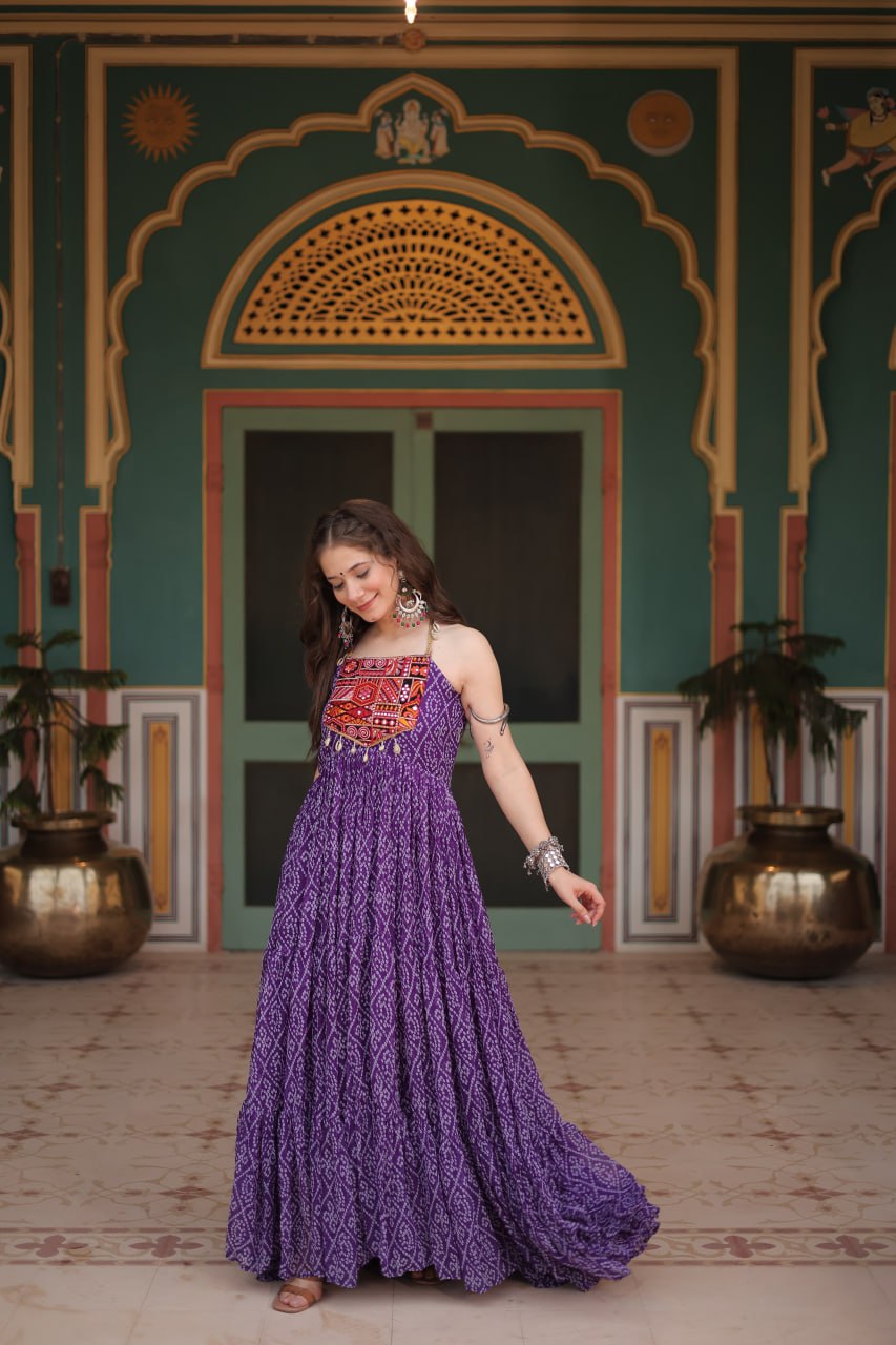 Purple Georgette Bandhani Print Backless Dresses
