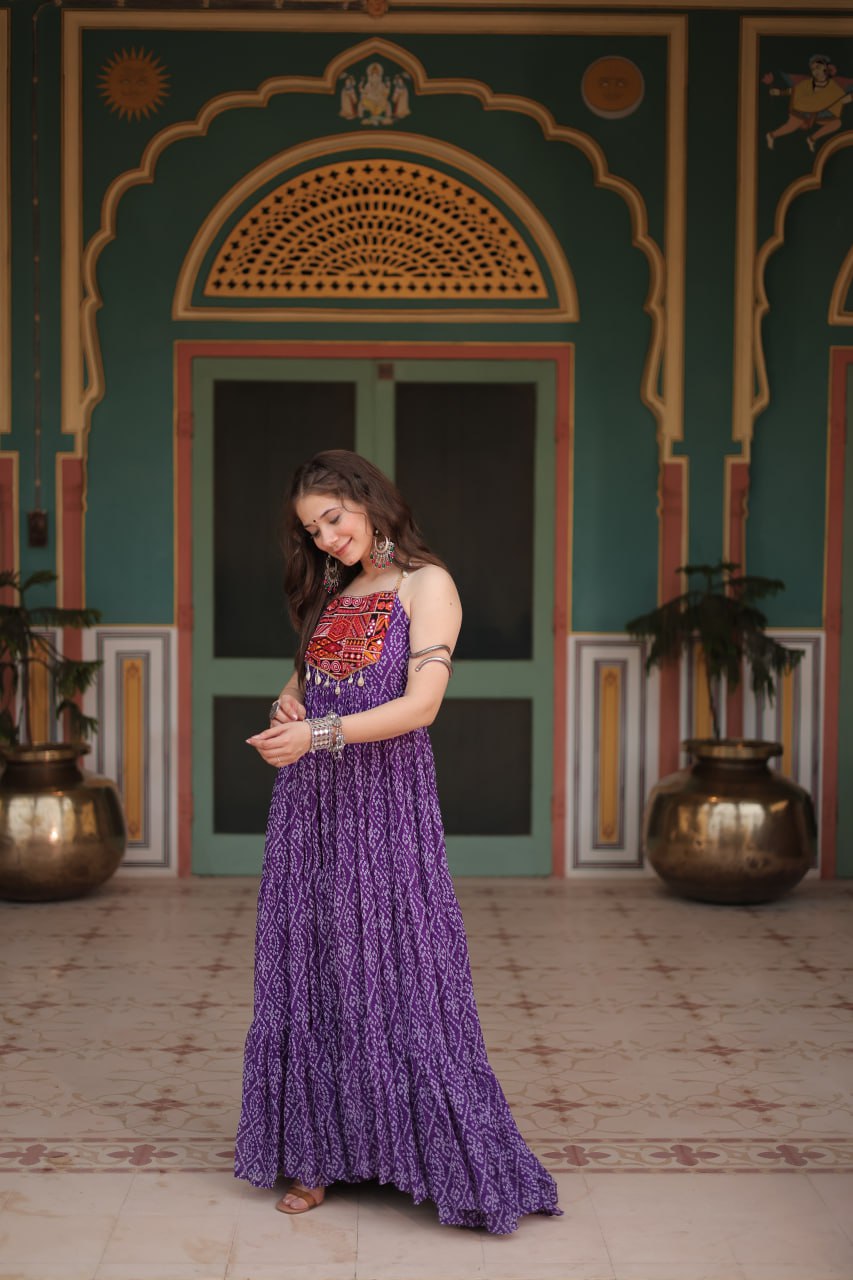 Purple Georgette Bandhani Print Backless Dresses