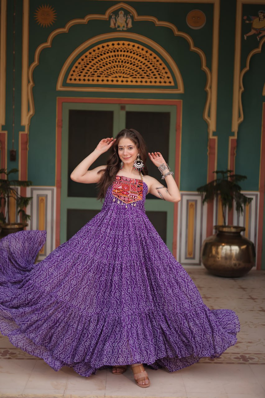 Purple Georgette Bandhani Print Backless Dresses