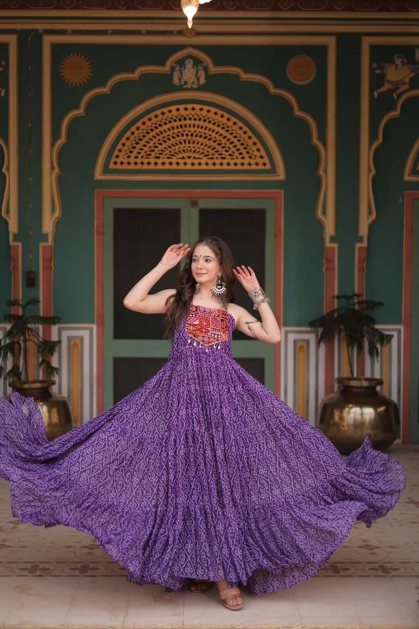 Purple Georgette Bandhani Print Backless Dresses