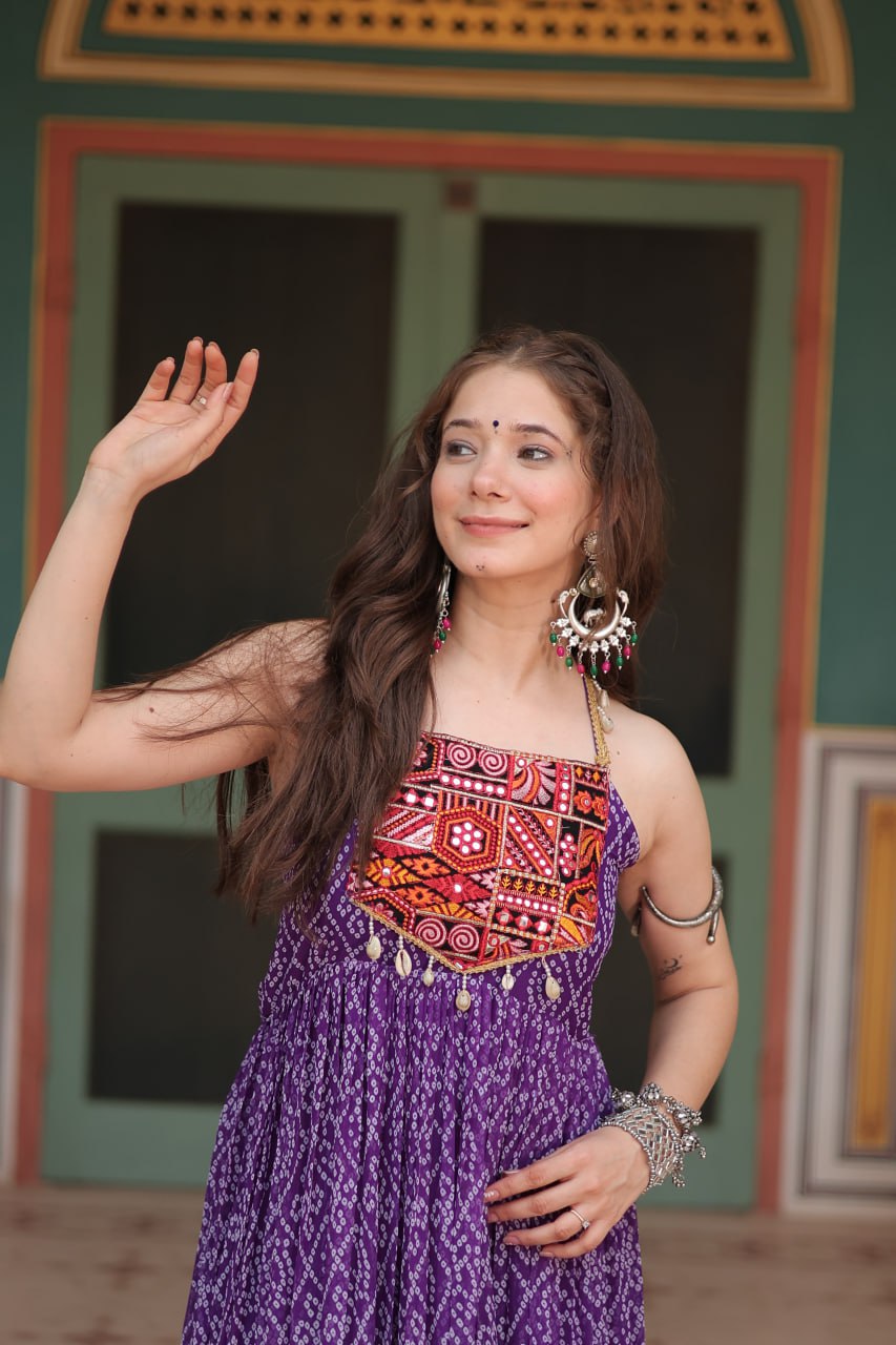 Purple Georgette Bandhani Print Backless Dresses