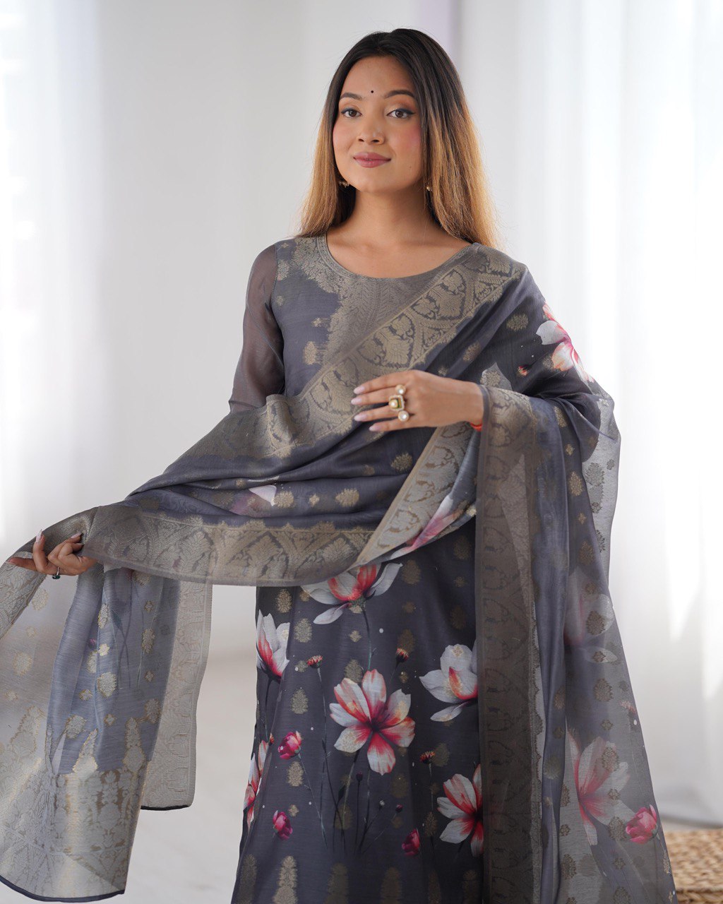 Black Chanderi Silk Kurta Set For Women