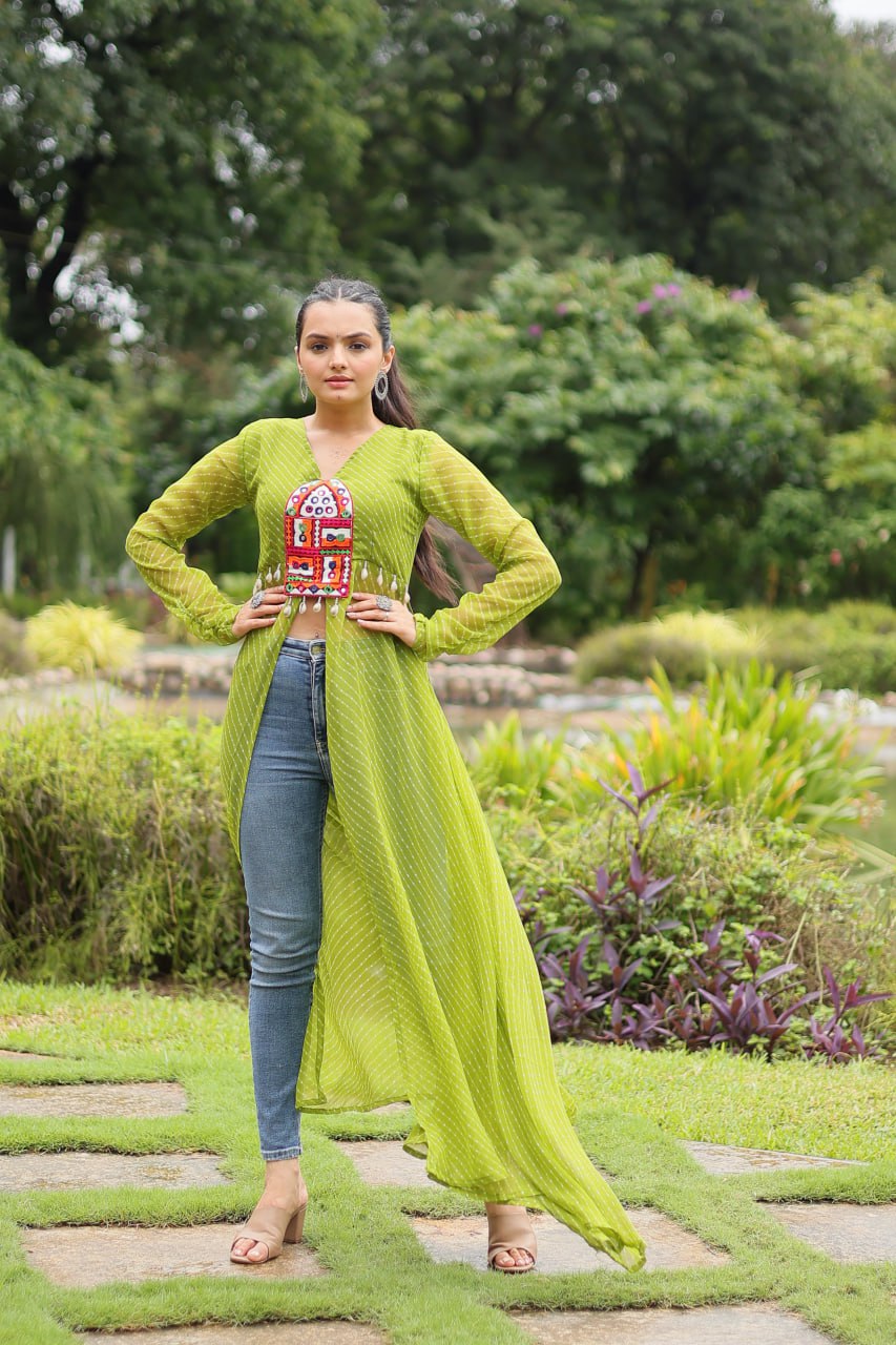 Green Indo-Fusion Style With This Faux Georgette Jacket-Style Kurti