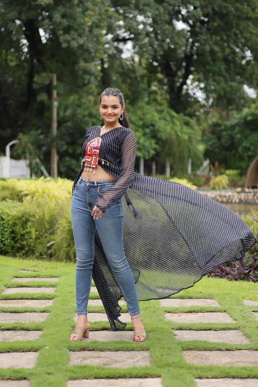 Black Indo-Fusion Style With This Faux Georgette Jacket-Style Kurti