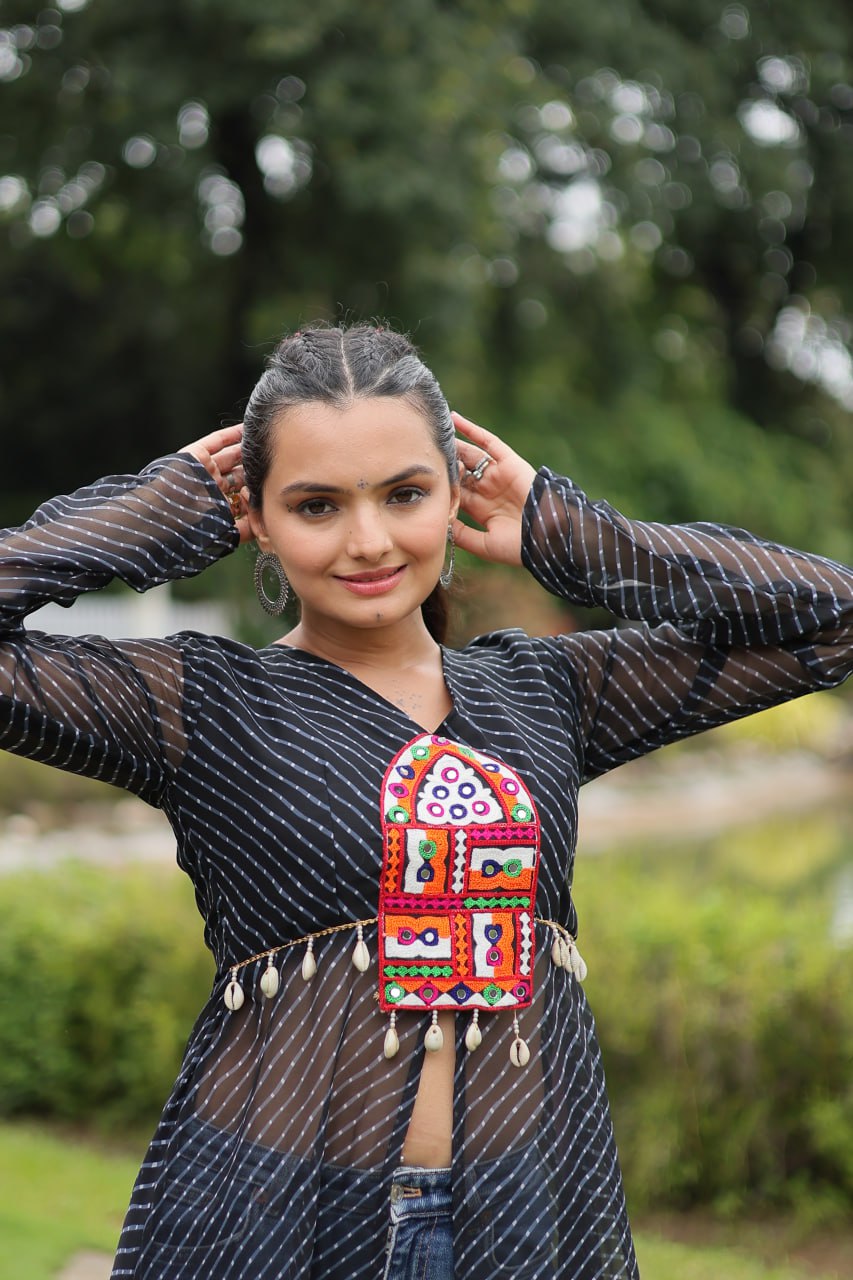 Black Indo-Fusion Style With This Faux Georgette Jacket-Style Kurti