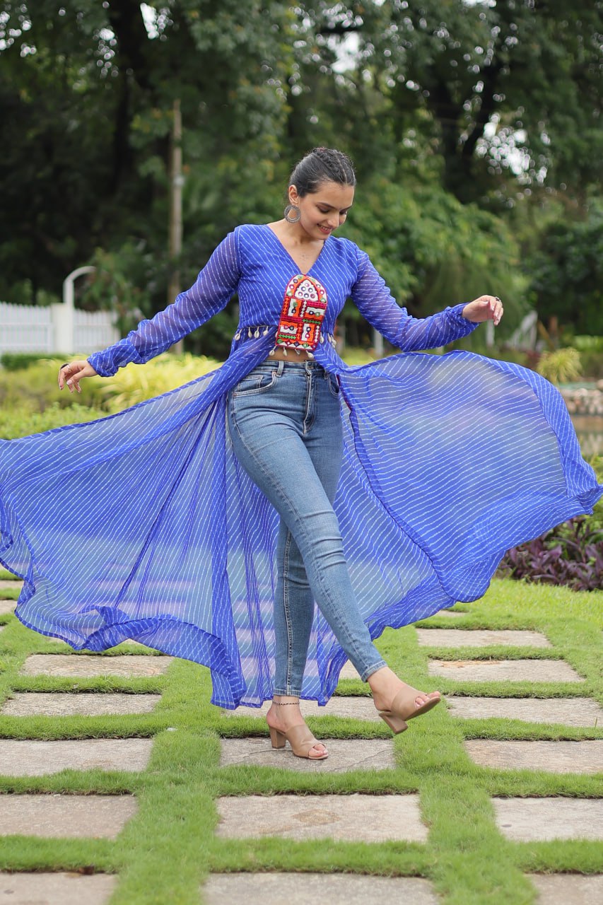 Blue Indo-Fusion Style With This Faux Georgette Jacket-Style Kurti