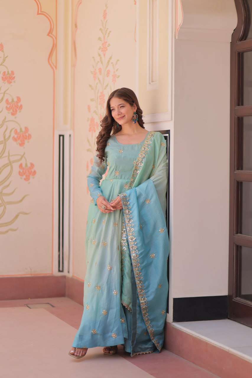 Teal Gold Organza Ethnic Gown With Dupatta
