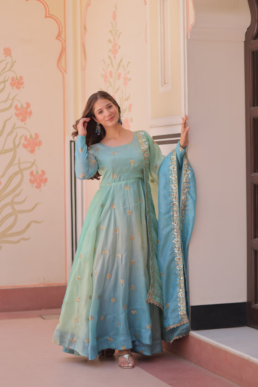 Teal Gold Organza Ethnic Gown With Dupatta