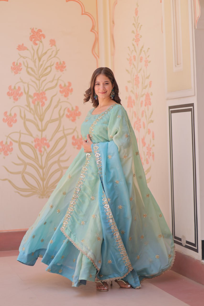 Teal Gold Organza Ethnic Gown With Dupatta