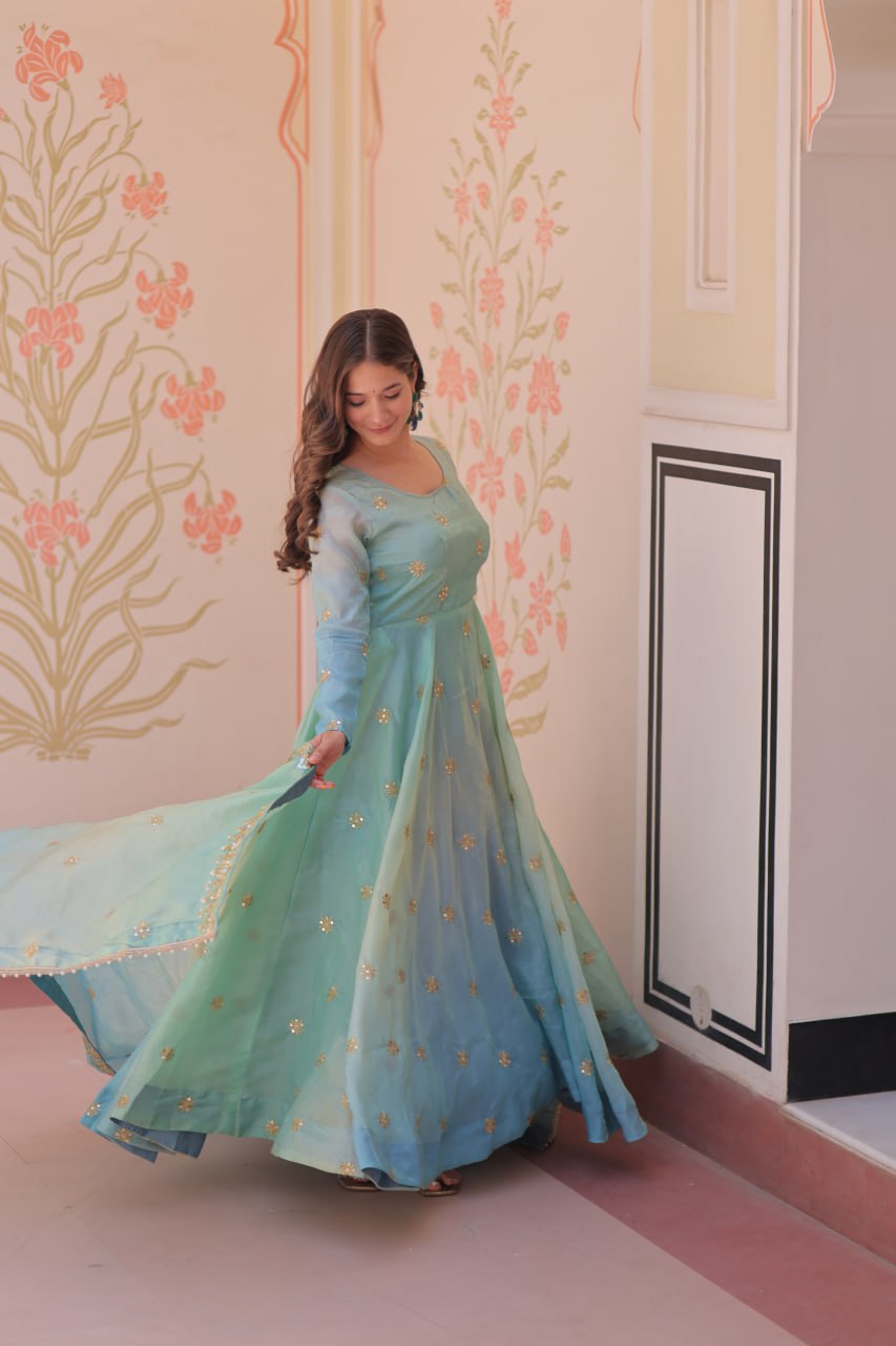 Teal Gold Organza Ethnic Gown With Dupatta