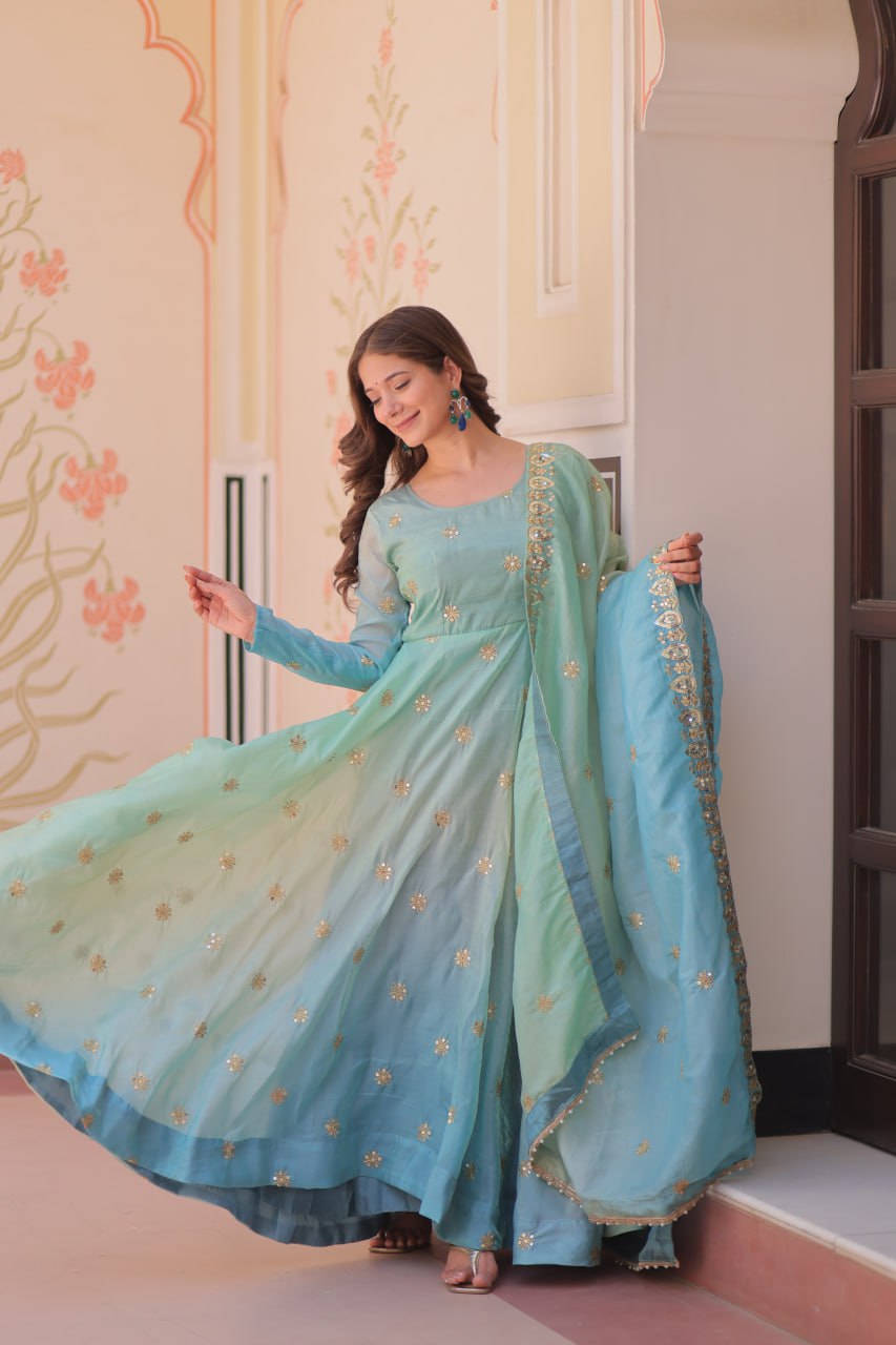Teal Gold Organza Ethnic Gown With Dupatta