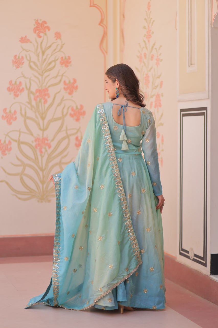 Teal Gold Organza Ethnic Gown With Dupatta
