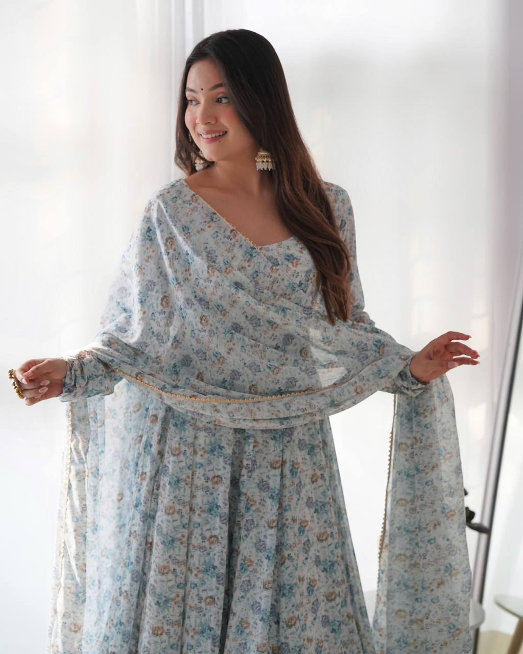 Pastel Floral Printed Organza Anarkali Suit set