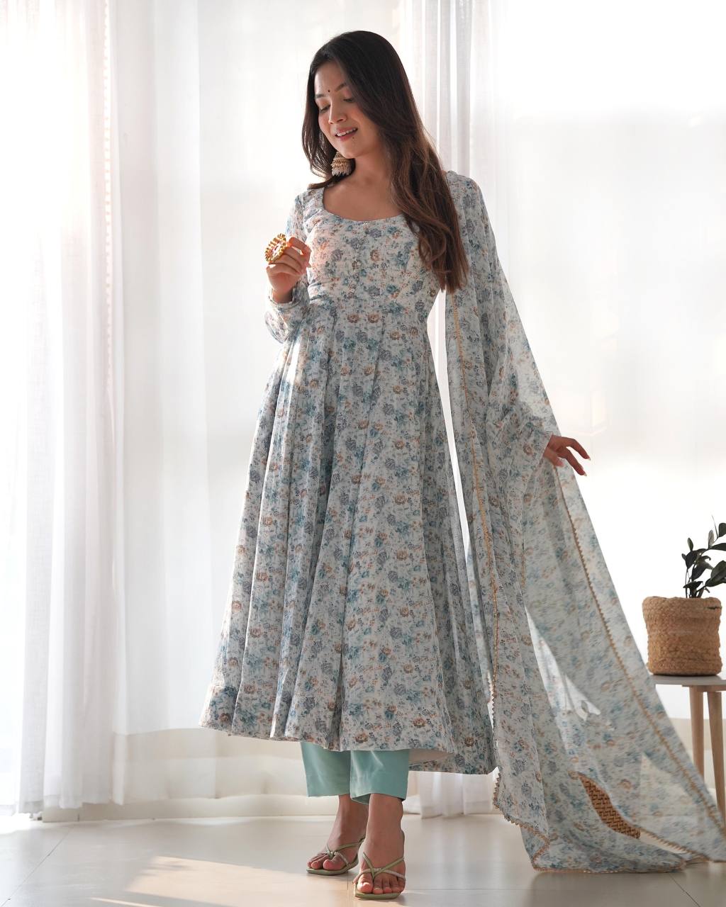 Pastel Floral Printed Organza Anarkali Suit set