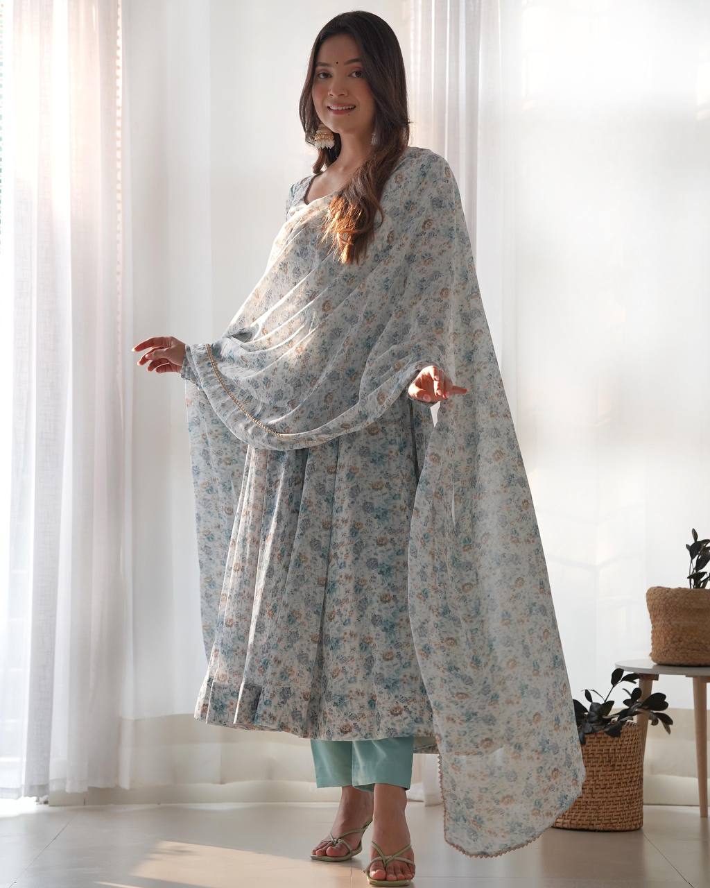 Pastel Floral Printed Organza Anarkali Suit set