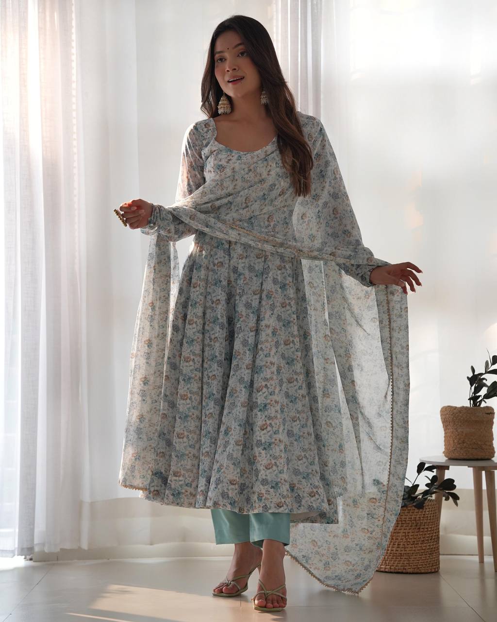 Pastel Floral Printed Organza Anarkali Suit set