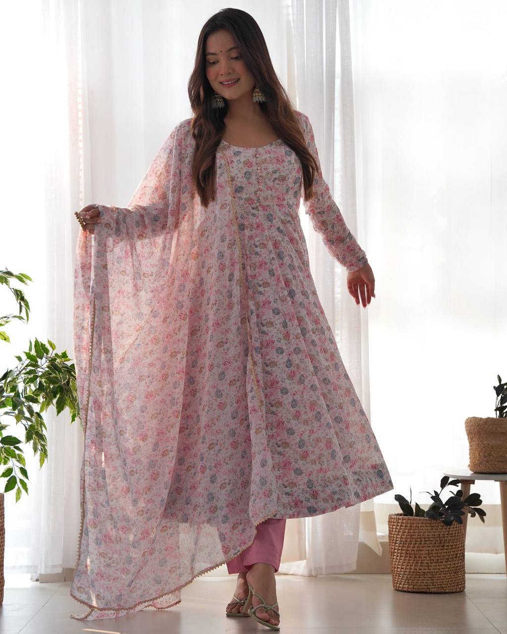 Pink Floral Printed Organza Anarkali Suit set