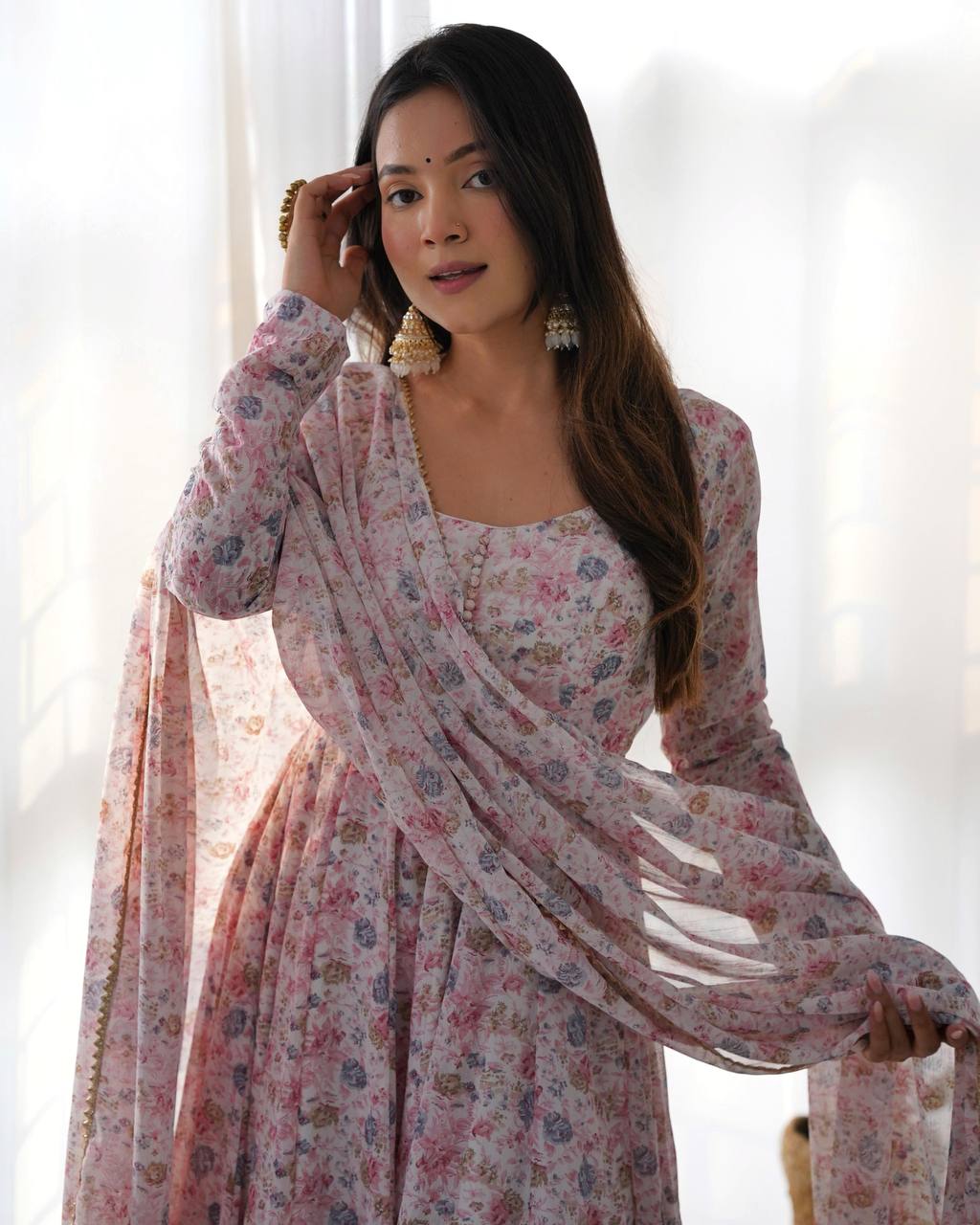 Pink Floral Printed Organza Anarkali Suit set