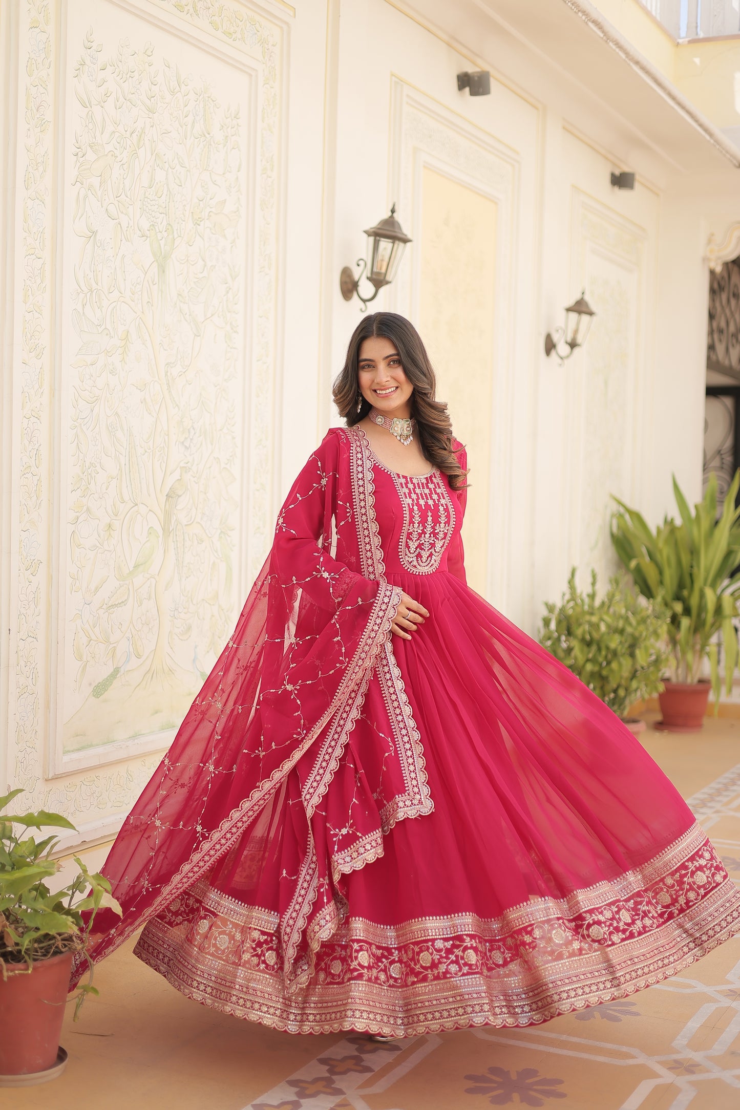 pink embroidered gown