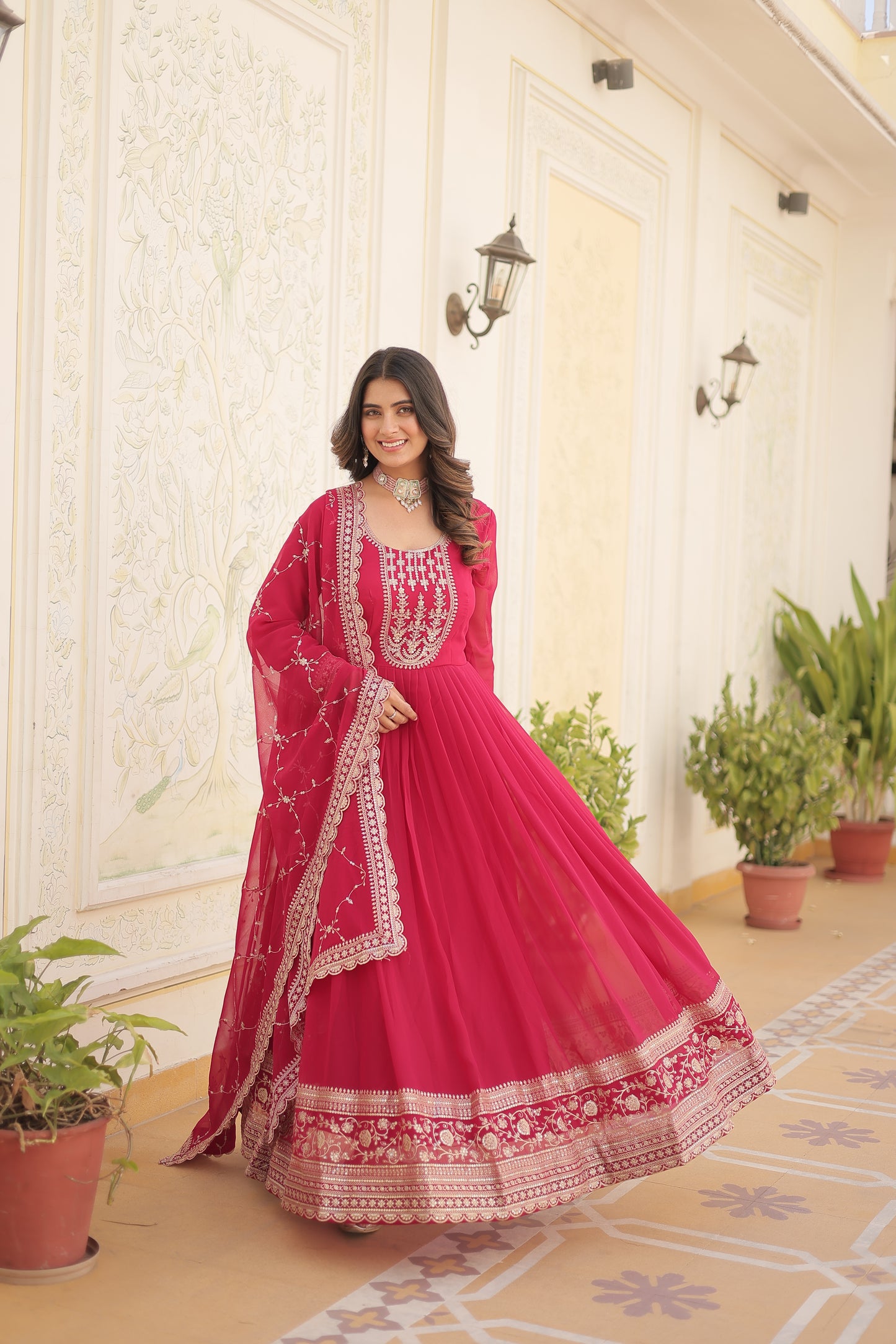 pink embroidered gown