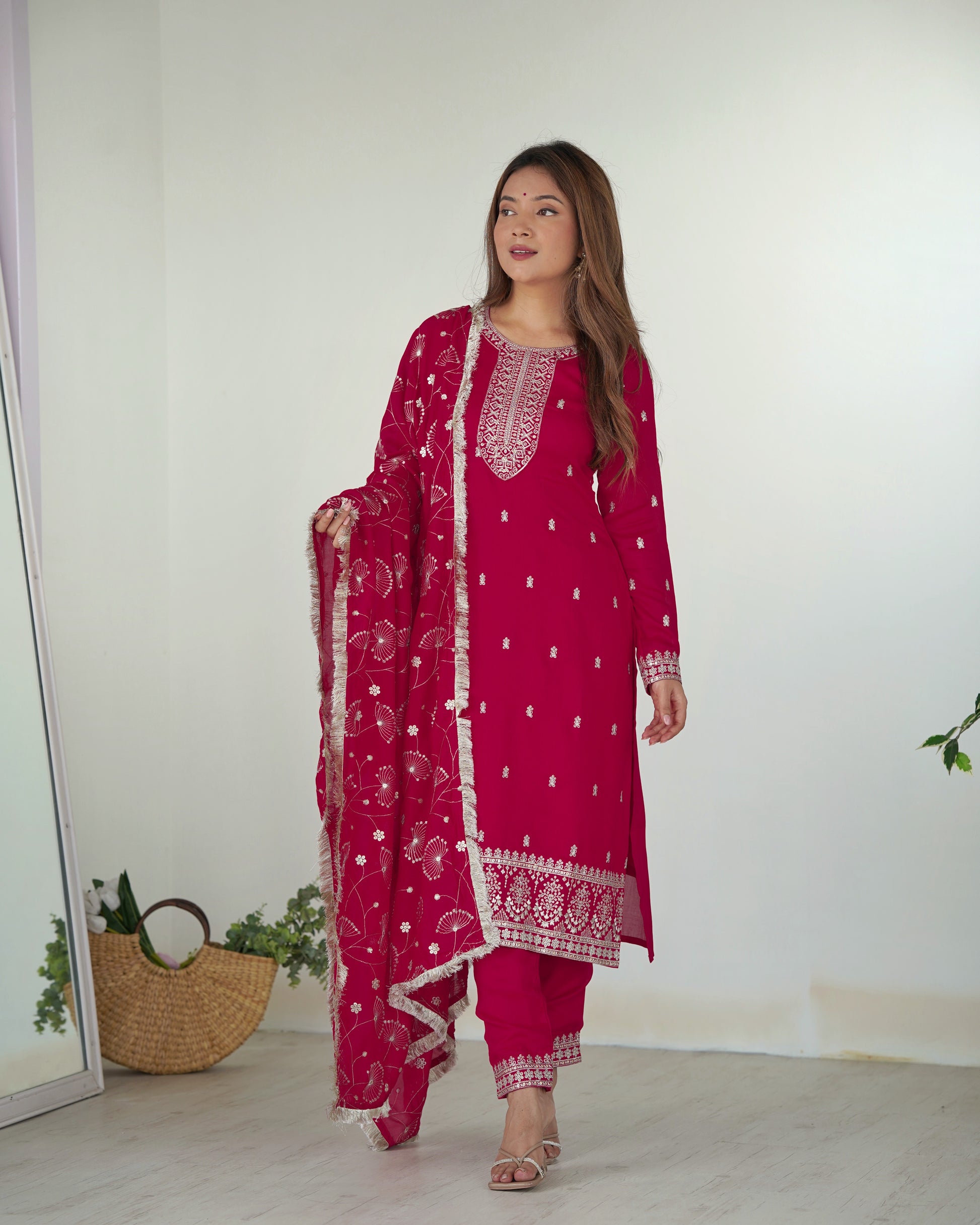 pink embroidered kurta set