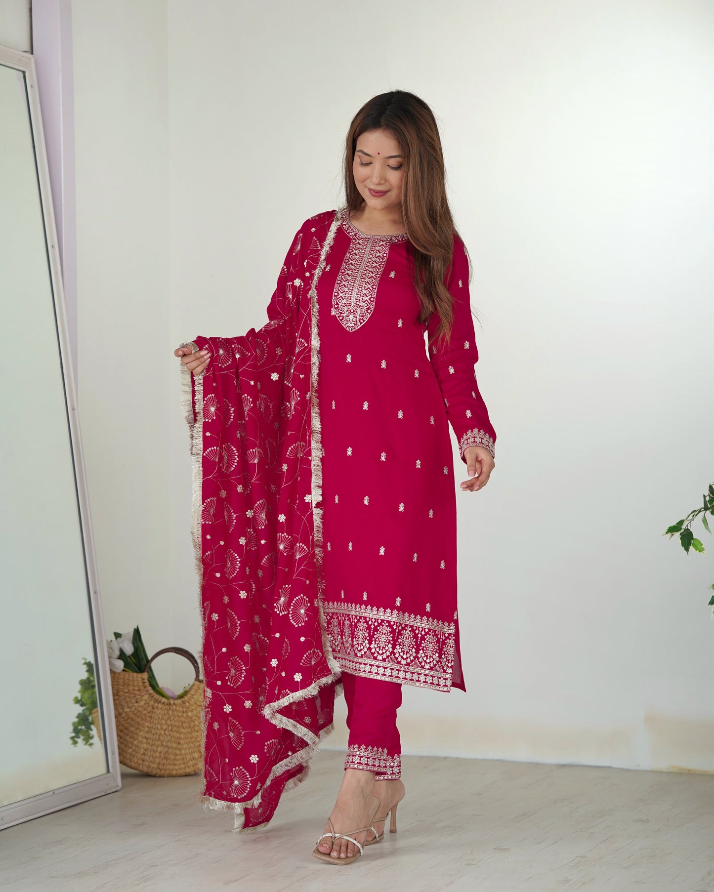 pink embroidered kurta set