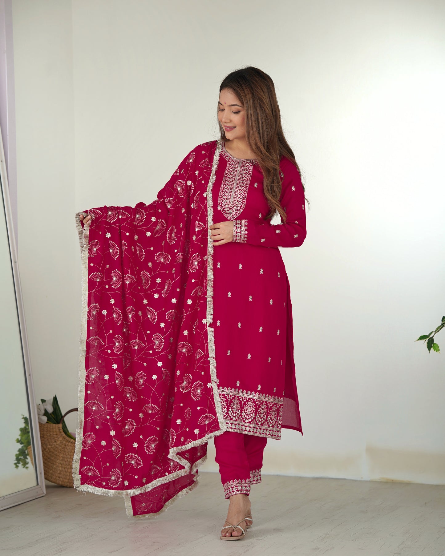 pink embroidered kurta set
