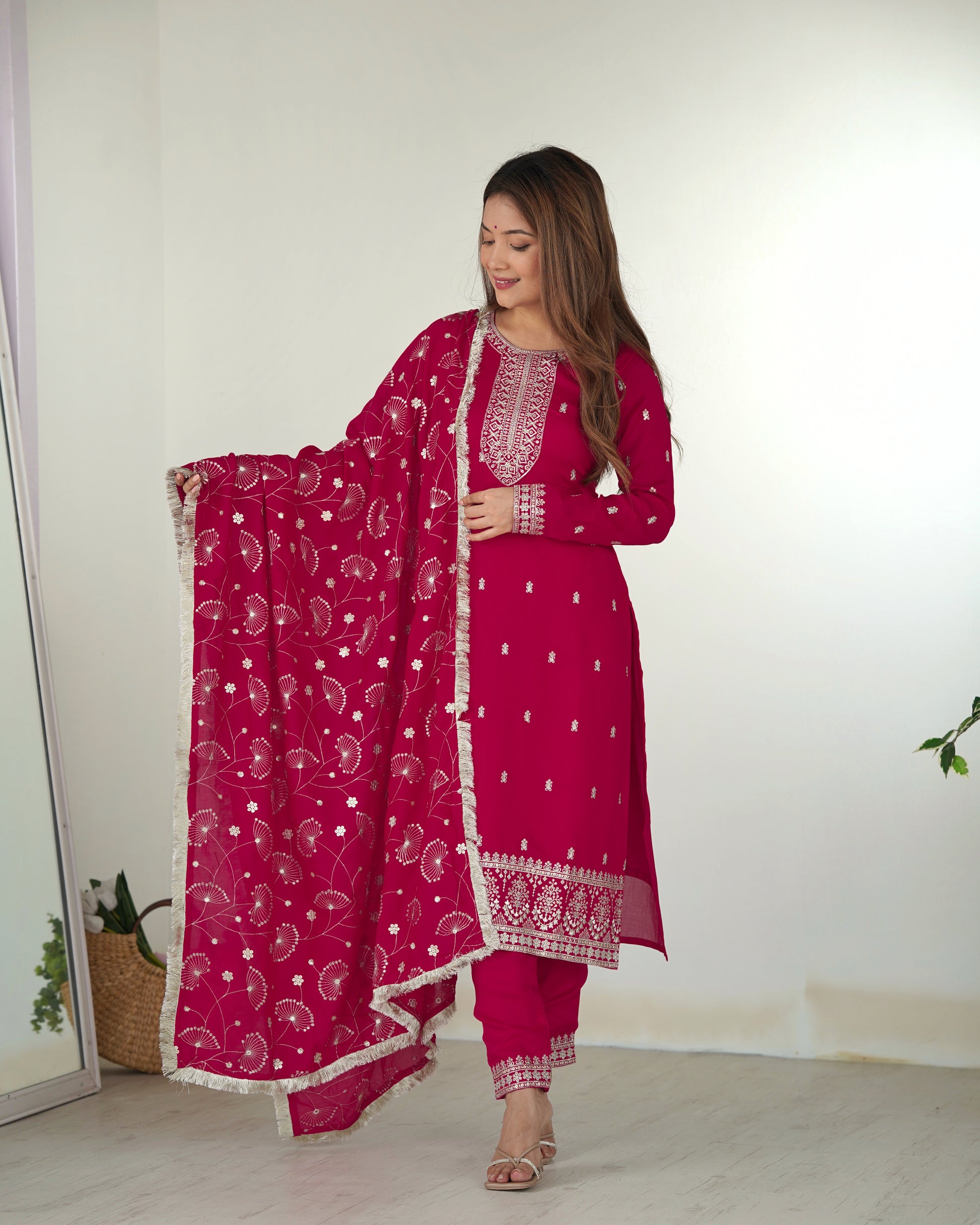 pink embroidered kurta set