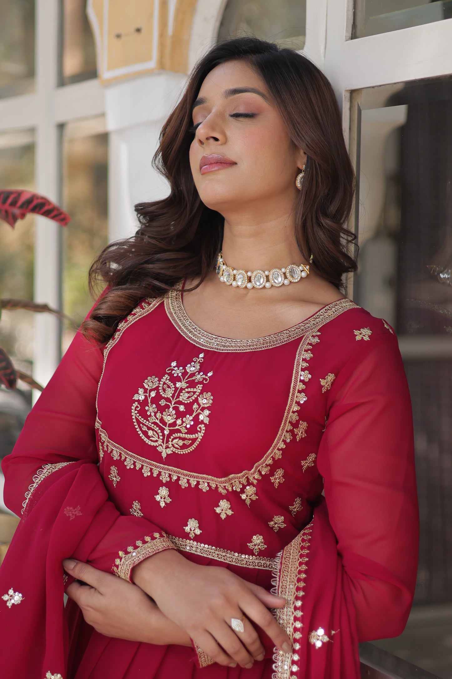 pink embroidered work gown
