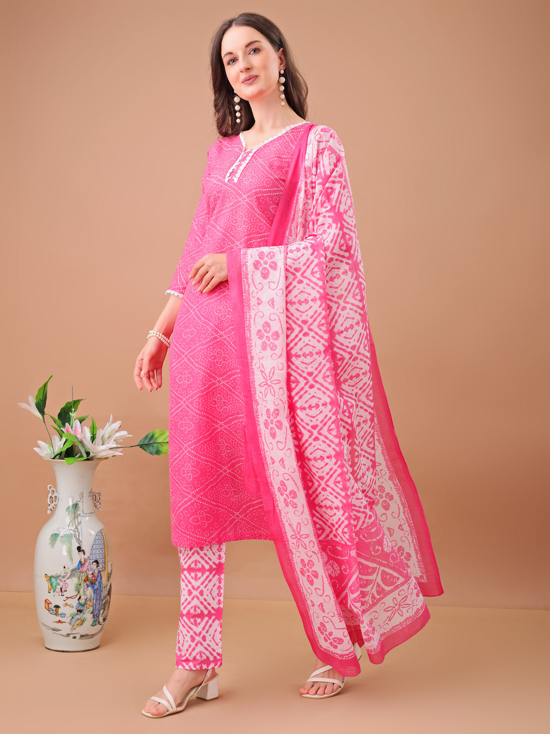 pink printed kurta set