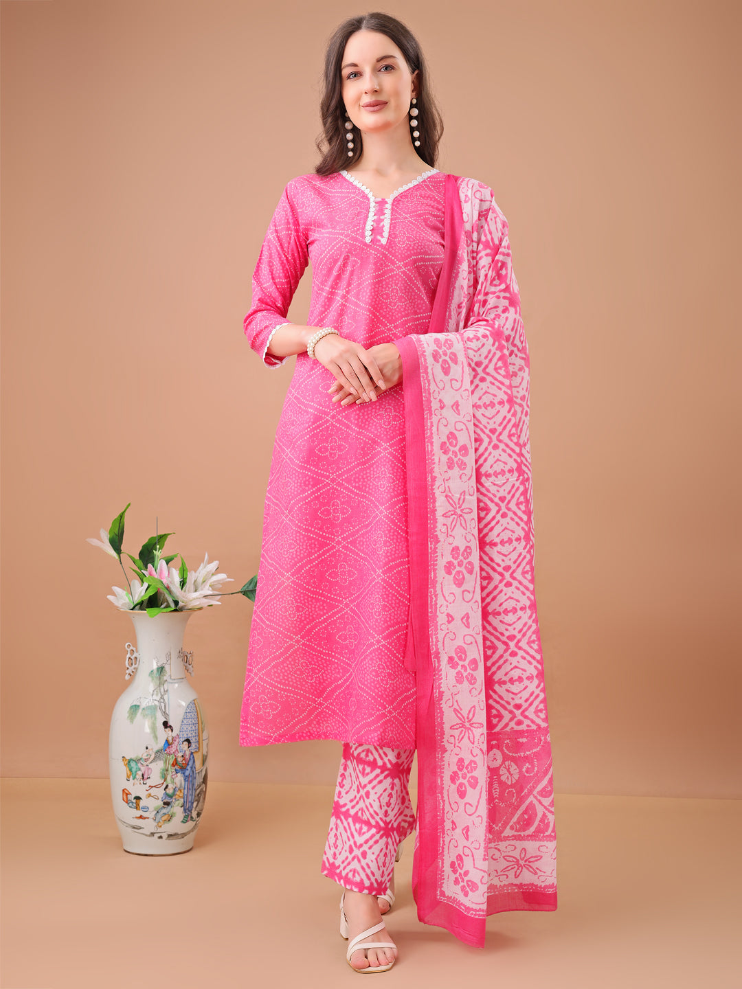 pink printed kurta set