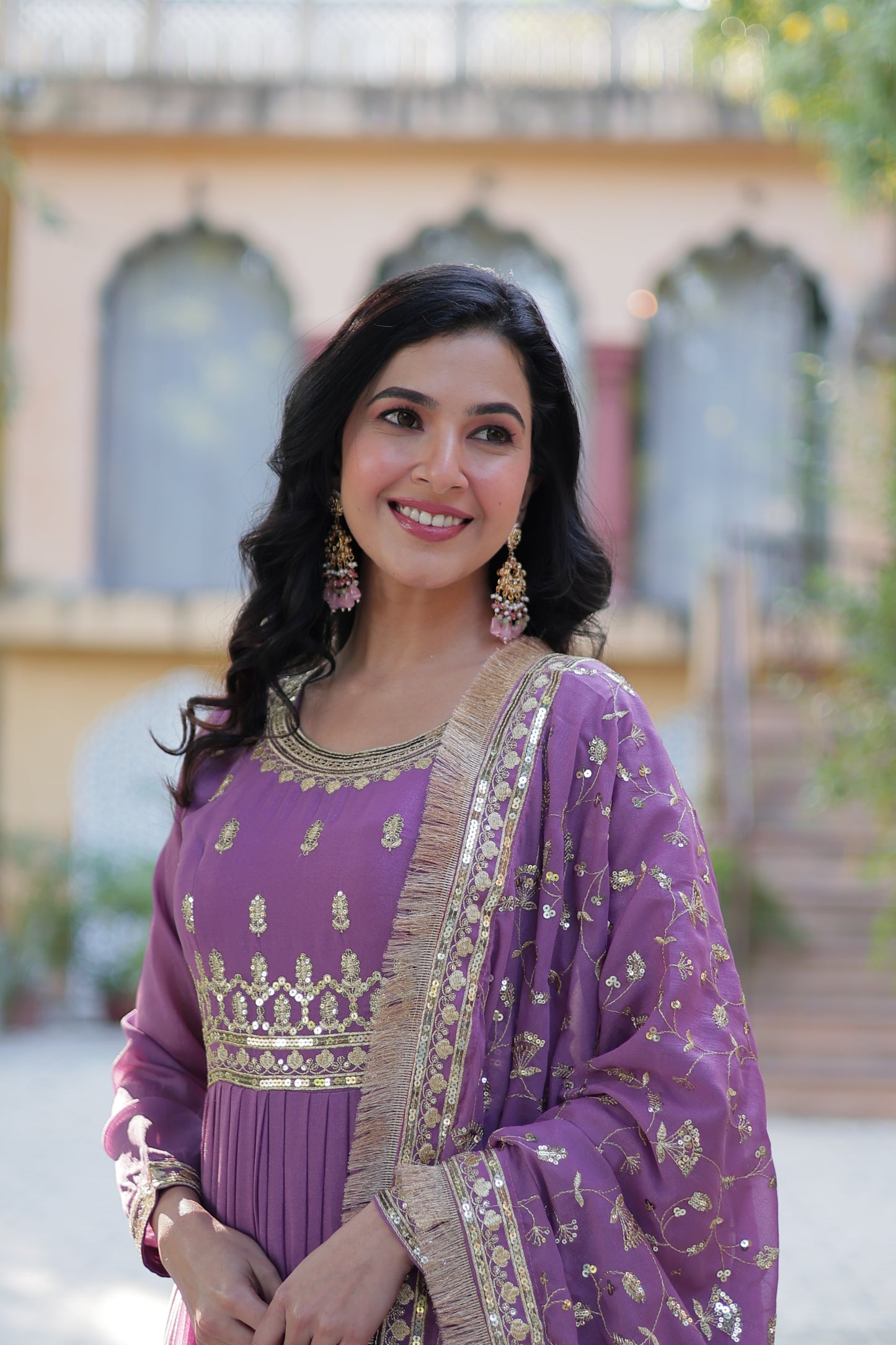 pink purple gown with dupatta