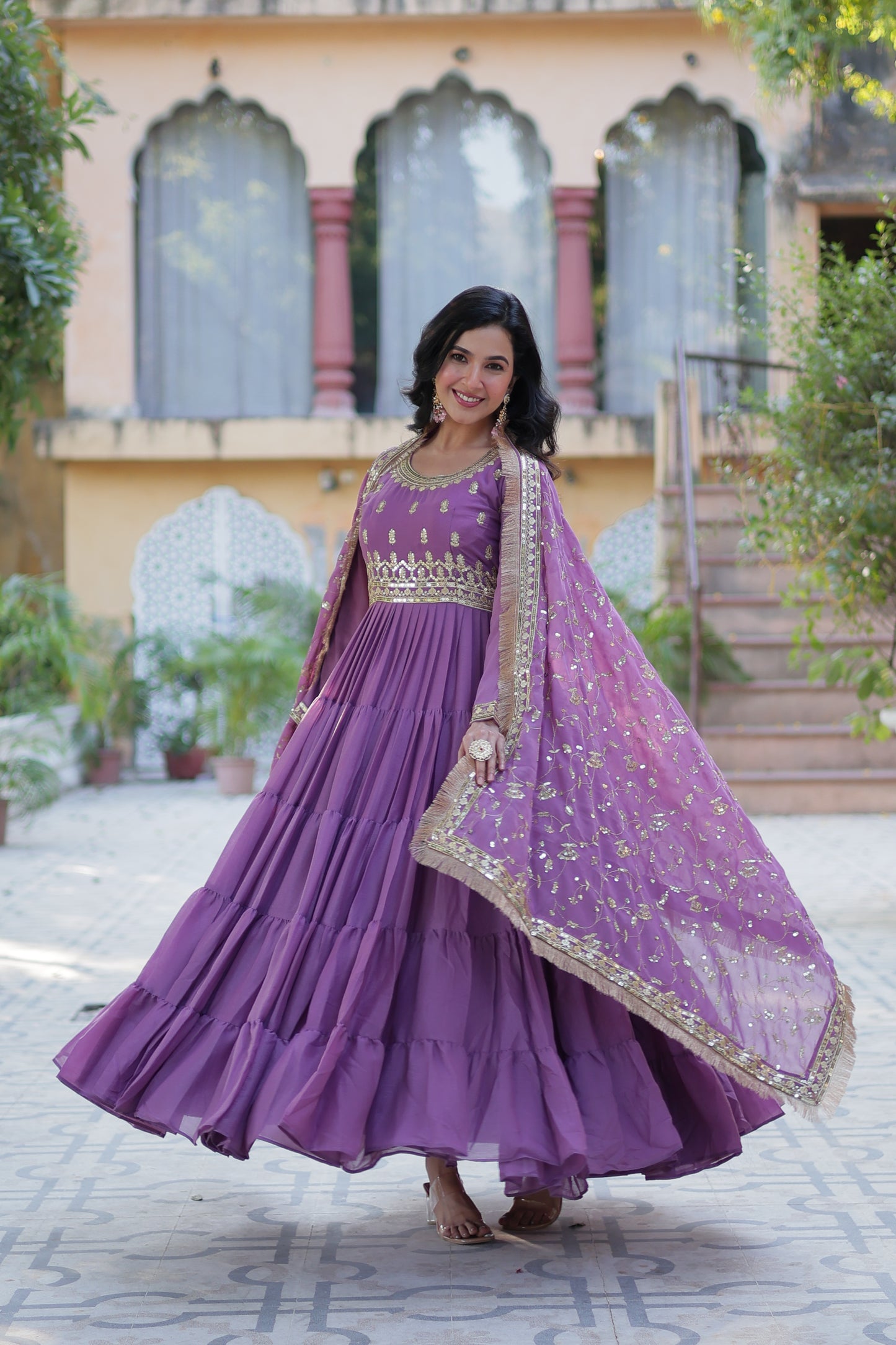 pink purple gown with dupatta