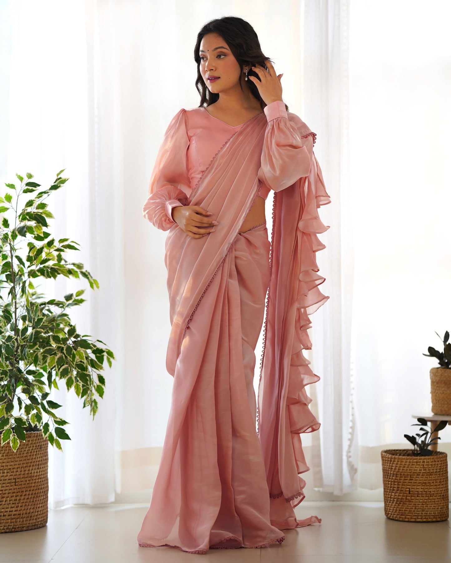 pink ruffle saree