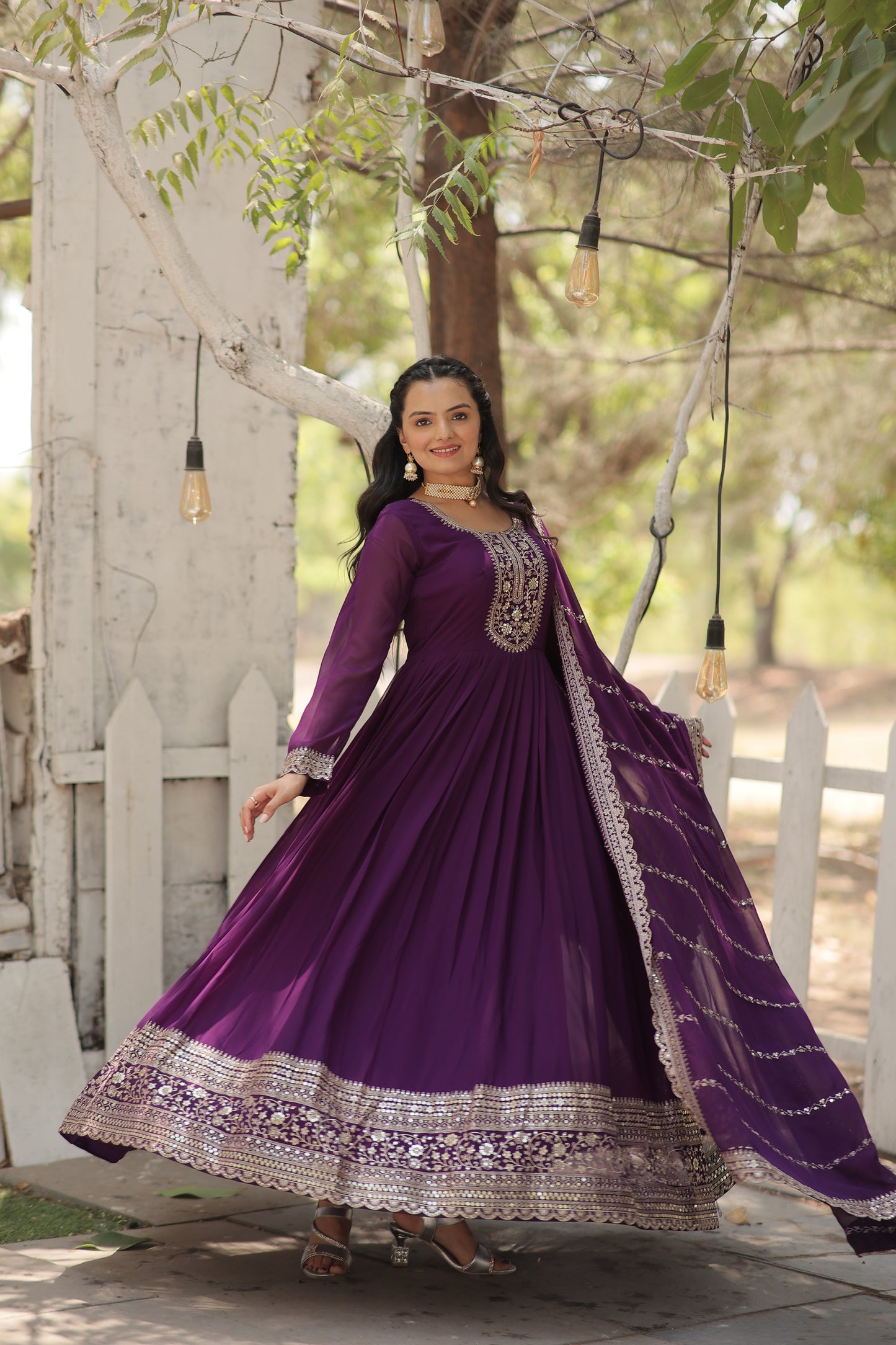 purple embroidered georgette gown with dupatta