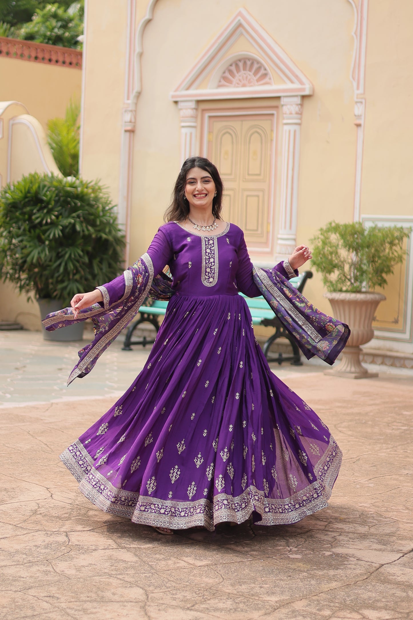 purple embroidered gown with dupatta