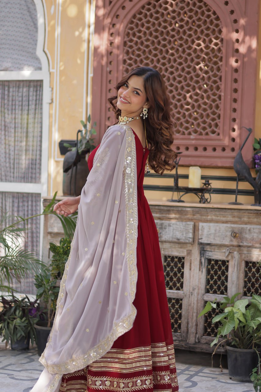red embroidered gown