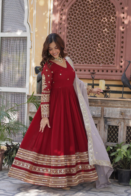 red embroidered gown