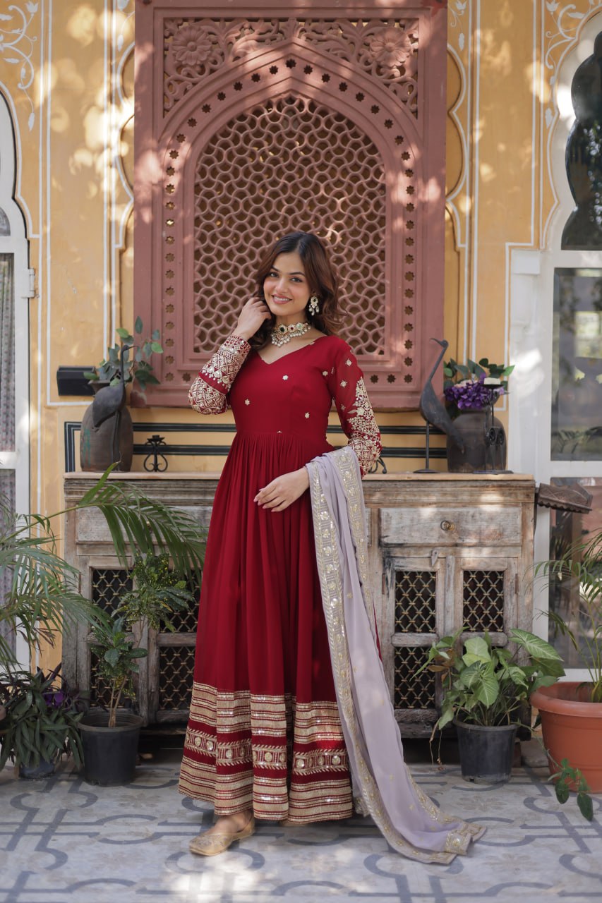 red embroidered gown