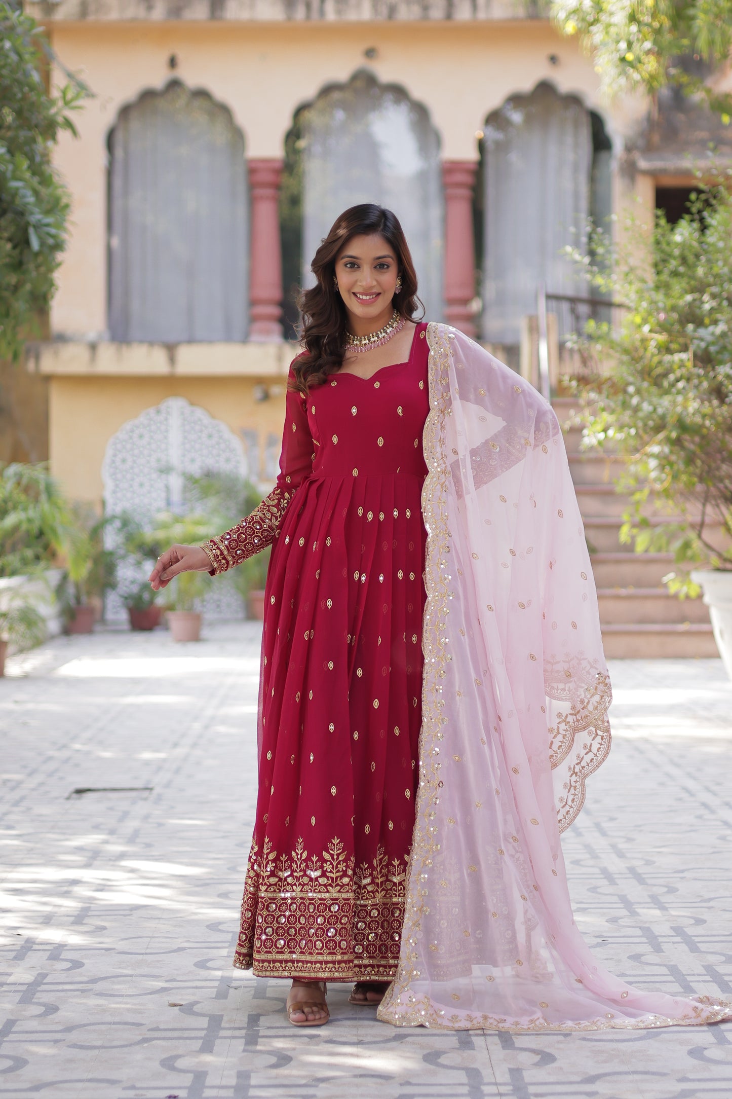 red georgette embroidered gown with dupatta