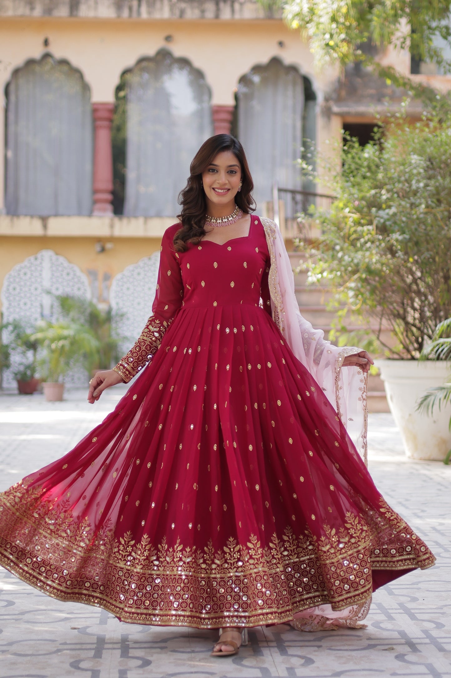 red georgette embroidered gown with dupatta