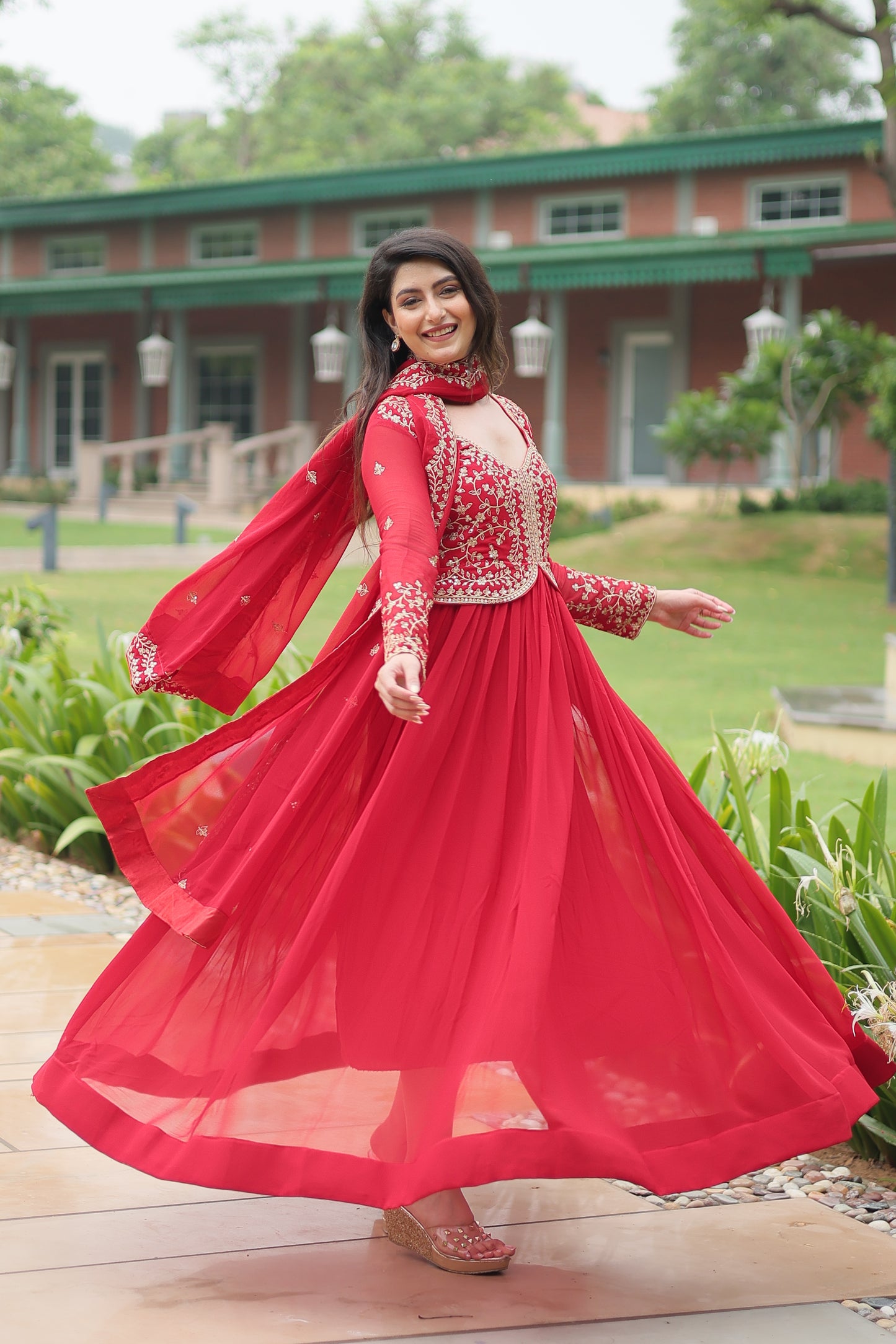 red georgette gown with dupatta