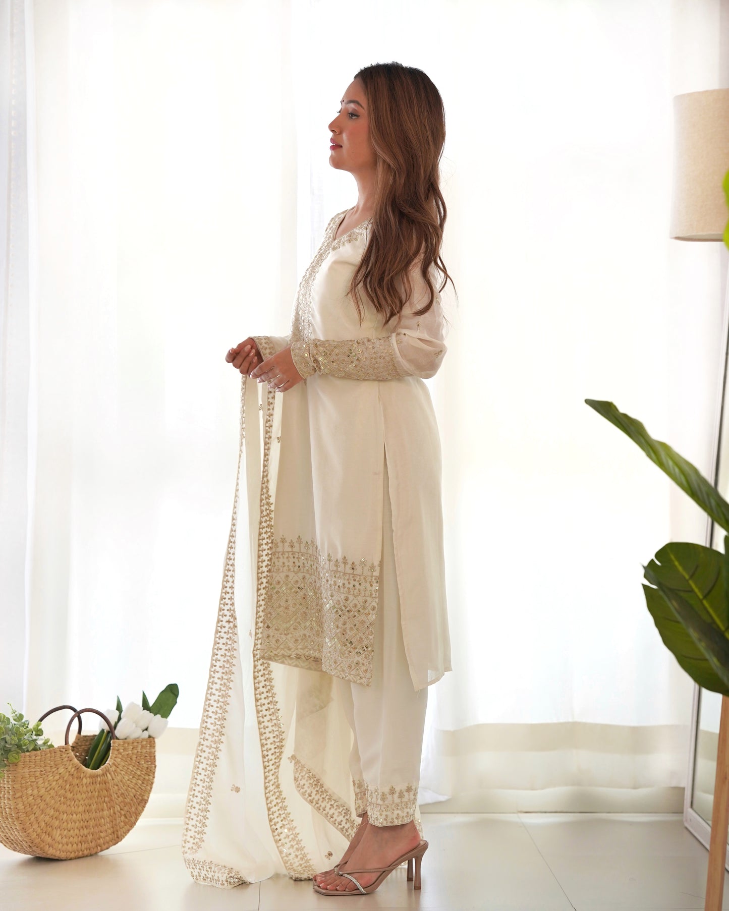 white embroidered kurta set