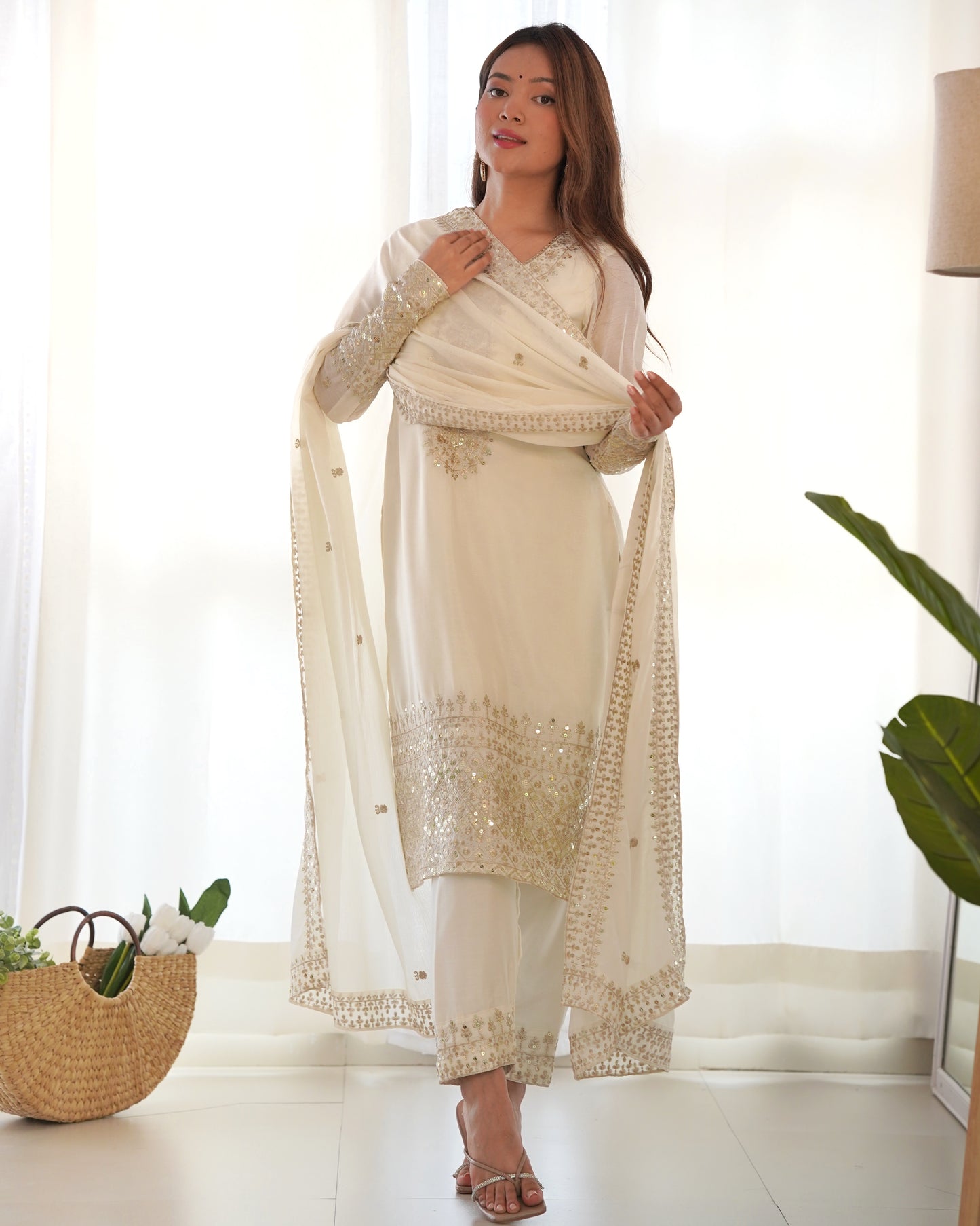 white embroidered kurta set