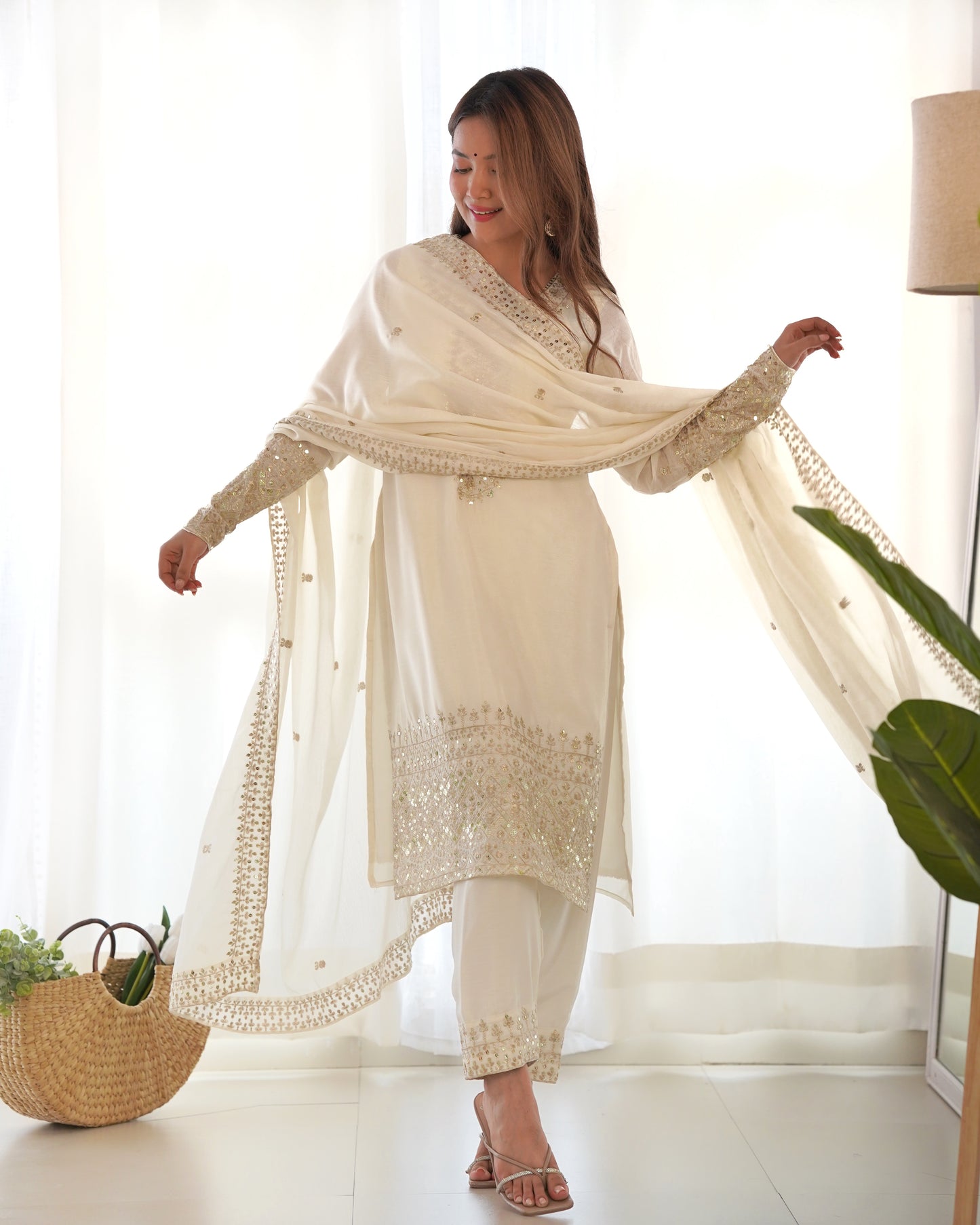 white embroidered kurta set