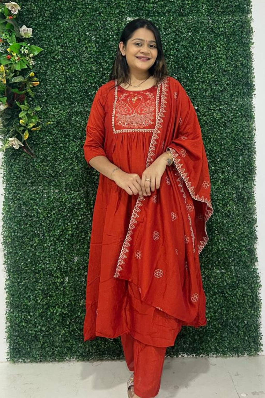 rust art silk embroidery kurta set